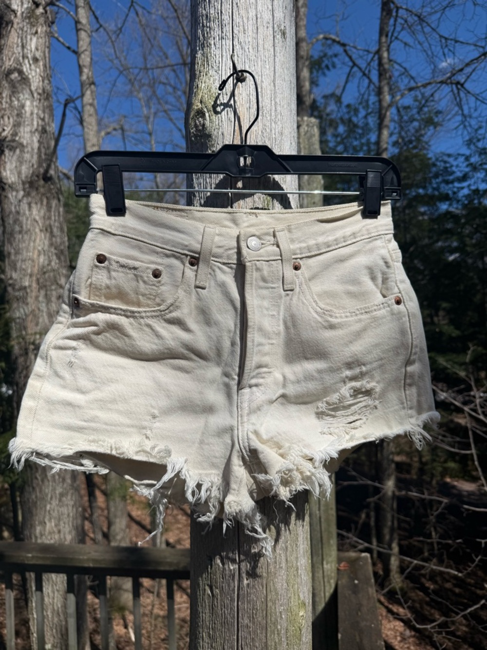 Levi's Cream Frayed High-Rise Denim Shorts